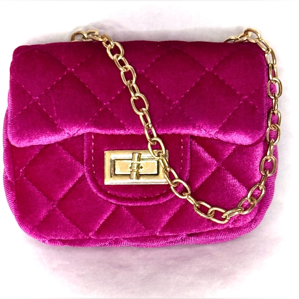 Quilted Hot Pink Velvet Small Purse / Gold Plated Chain